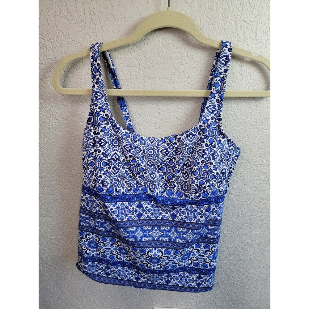 Lands’ End Girls 12 Blue White Floral Tankini Swim Top Adjustable Straps